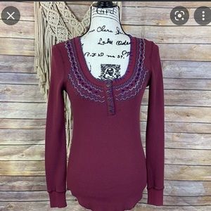 Rare Free People We the Free Maroon Embroidered Waffle Knit Long Sleeve Size S